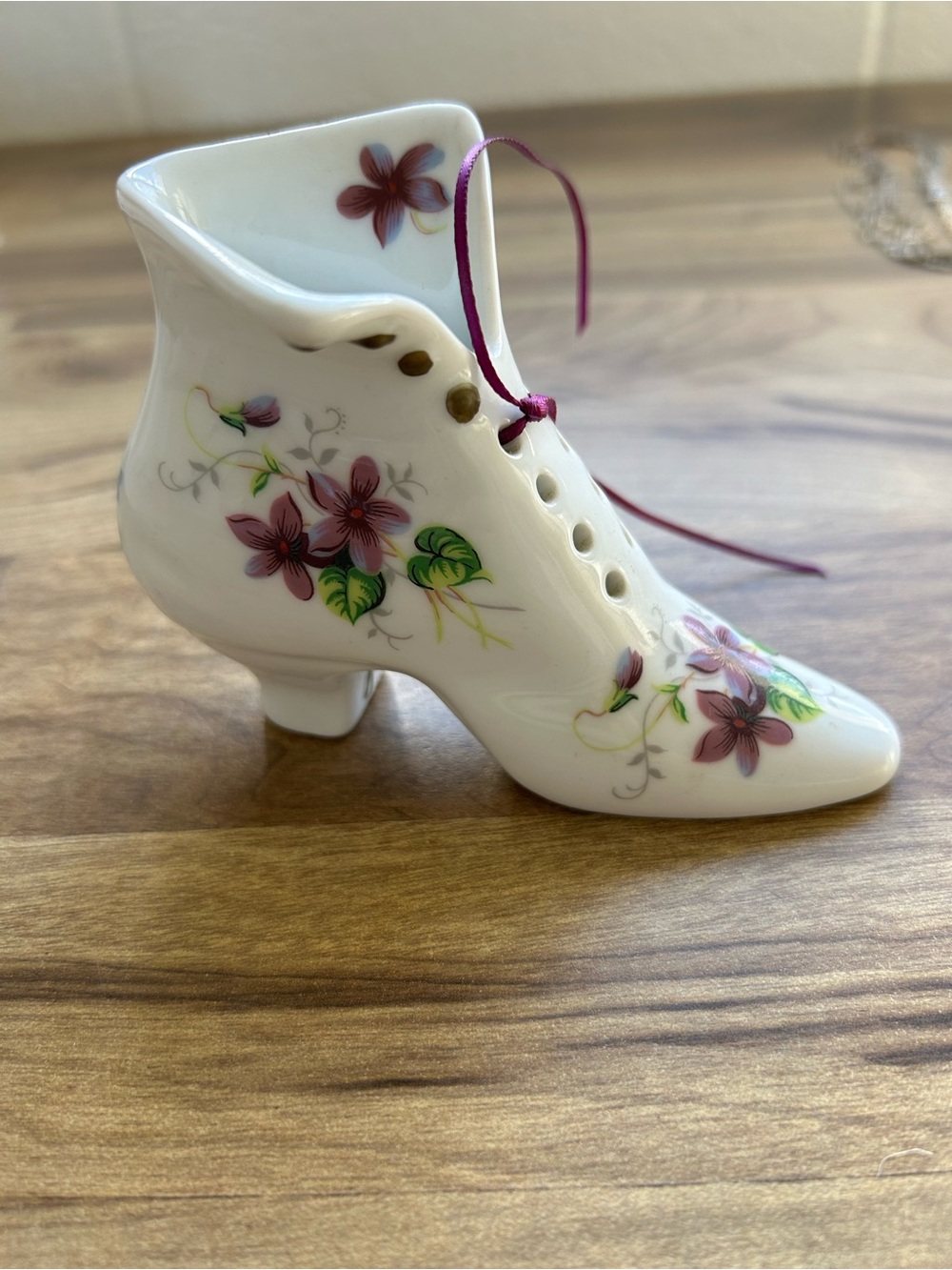 Decorative White Porcelain Shoe with Pink Floral Design